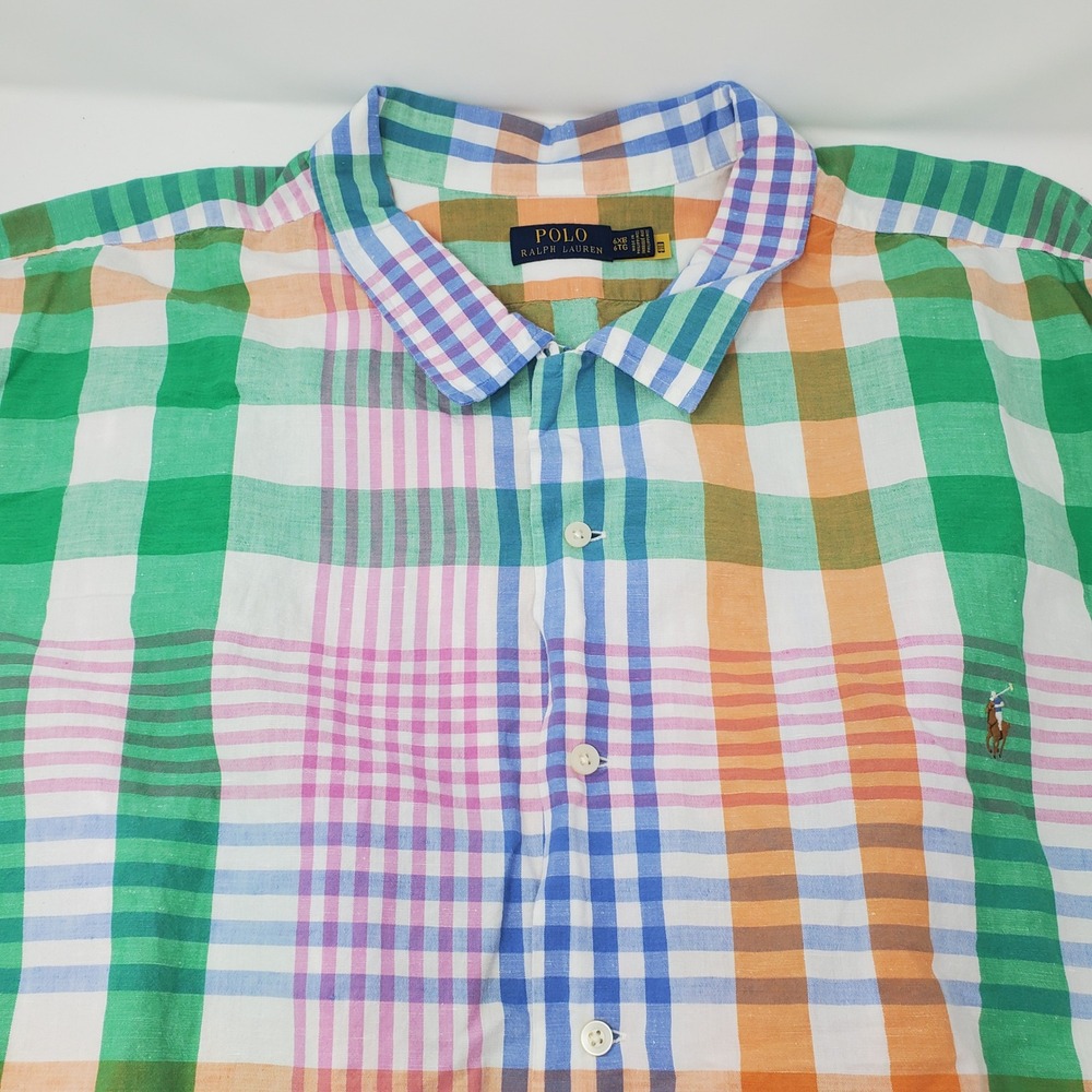 Polo Ralph Lauren Shirt Mens 6XB Linen Plaid Multi Button-Down Short Sleeve